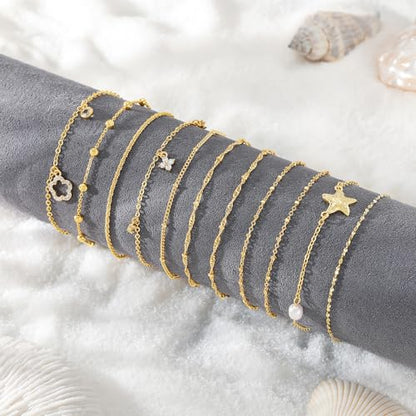 Gold Anklet Set for Women, Layered Beach Anklets | Layered gold-tone ankle bracelets, designed for beach days, vacations, and summer wear - style: Gold Anklet 2
