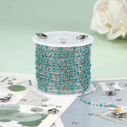 KYUNHOO 16.4 Feet Turquoise Green Bead Chain for Crafts with Jewelry Clasps | Thin Stainless Steel Necklace Making Chains Bulk on Spool with Lobster Clasps Jump Ring Jewelry Findings - color: Silver-Tuoquise-2mm