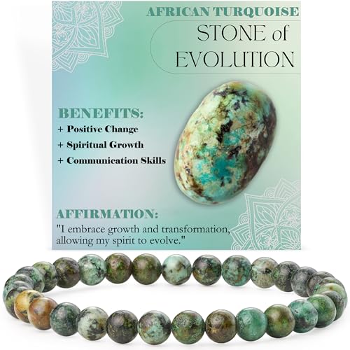 Bivei 6mm Beaded Bracelets for Women Handmade Semi Precious Natural Stone Stretch Elastic Jewelry Yoga Protection Gifts - color: African Turquoise - Evolution, size: Medium 6.8-7.3 inch