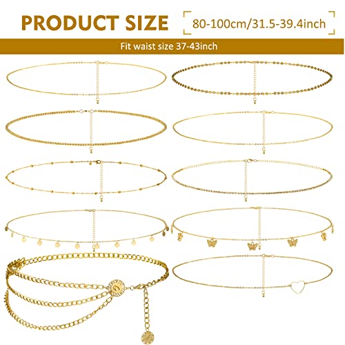 Lenwen 10 Pcs Summer Beach Belly Chain Adjustable Waist Multi Layered Chain Waist Jewelry for Women Girls Multilayer Body - color: Gold, style: Classic Style