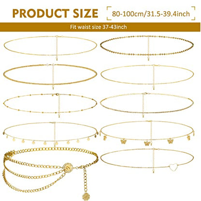 Lenwen 10 Pcs Summer Beach Belly Chain Adjustable Waist Multi Layered Chain Waist Jewelry for Women Girls Multilayer Body - color: Gold, style: Classic Style