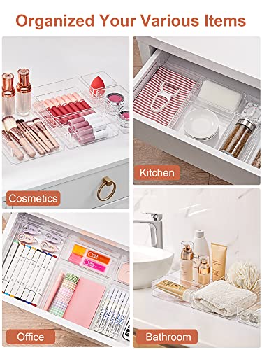 SMARTAKE 13 PCS Drawer Organizer 5-Size Desk Makeup Drawer Organizer Clear | Storage Trays for Makeup with Non Slip Silicone Pads, Jewelries, Utensils in Bedroom Dresser, Office, Kitchen and Bathroom - style: 13 PCS