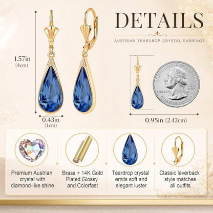 Teardrop Austrian Crystal Leverback Dangle Drop Earrings for Women | 14K Gold Plated,Classic Teardrop Elegance,Leverback for Easy Secure Wear,Gift Box Included, Brighten Up Daily and Party Looks - color: Bermuda Blue