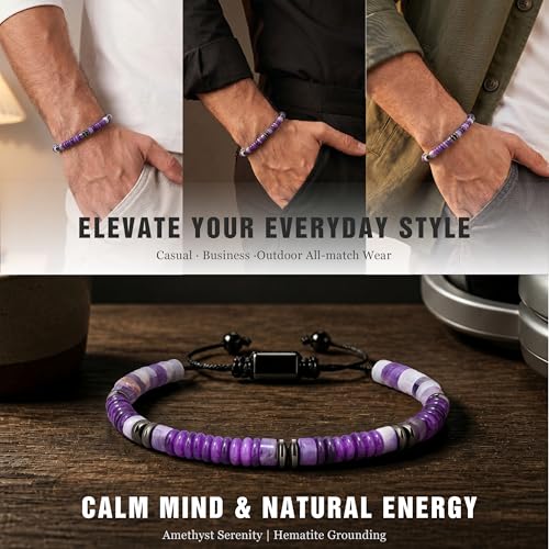 Natural Stone Beaded Bracelet for Men Women Boho Adjustable - color: Amethyst
