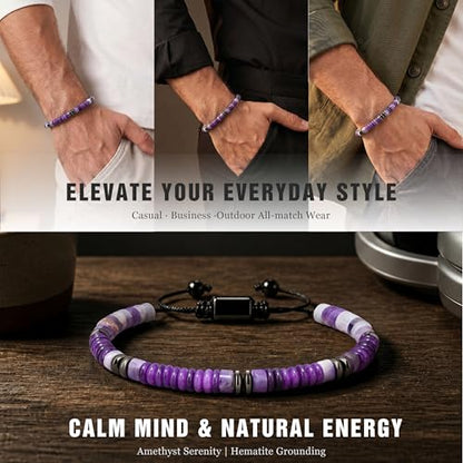 Natural Stone Beaded Bracelet for Men Women Boho Adjustable - color: Amethyst