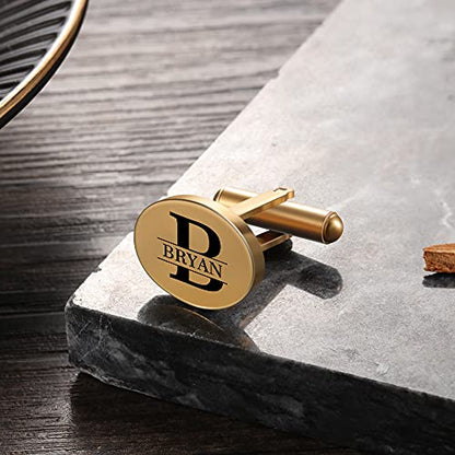 Custom Cufflinks for Men - Personalized Gold Mens Cufflinks with Engraving Name & Initial Stainless Steel Cuff Links for Wedding Groom Businessman - color: Style 1