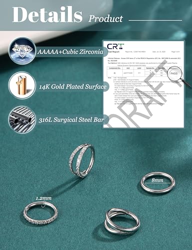 Dochais 4PCS 18G Nose Rings Hoops, Surgical Steel Earrings Tragus Septum Piercing CZ Clicker Ring, Hinged Segment Conch Lip Cartilage Double Hoops 8mm 10mm for Women Men - color: Silver, size: 16G(1.2mm),8mm
