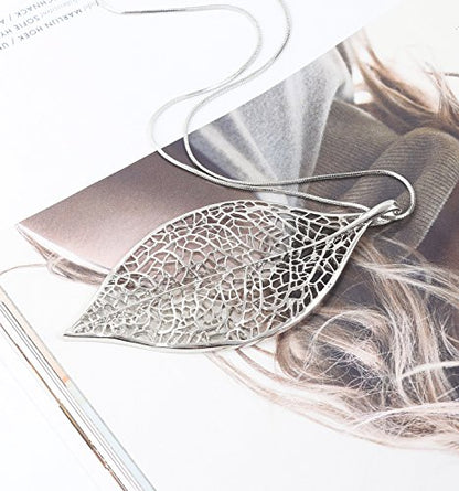 NLCAC Filigree Leaf Pedant Necklace Snake Chain Gorgeous Hollow Leaf Necklace for Women - color: Silver Tone