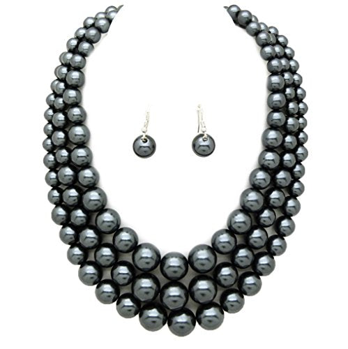 Fashion 21 Women's Faux Pearl Three Multi-Strand Statement Necklace and Earrings Set - color: Dark Grey