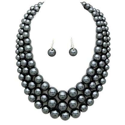 Fashion 21 Women's Faux Pearl Three Multi-Strand Statement Necklace and Earrings Set - color: Dark Grey