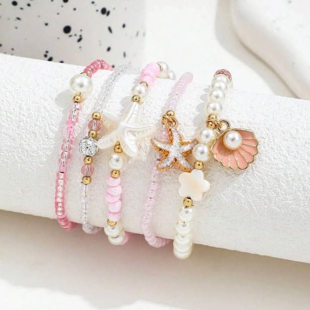 Spring Summer Beach 5-Piece Bracelet Set, Shell Starfish Seed Bead Faux Pearl Stackable Hand Jewelry for Women - color: WhitePink, size: One Size