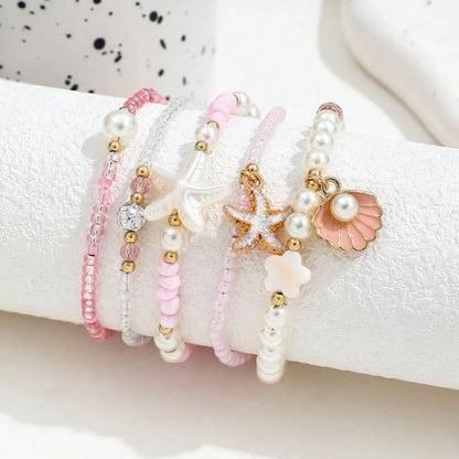 Spring Summer Beach 5-Piece Bracelet Set, Shell Starfish Seed Bead Faux Pearl Stackable Hand Jewelry for Women - color: WhitePink, size: One Size
