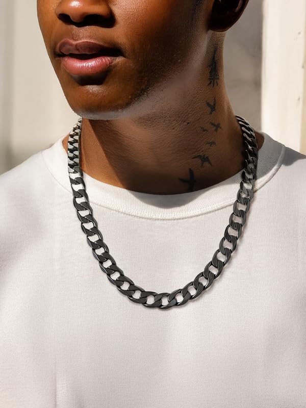 ChainsHouse Stainless Steel Cuban Link Chain Necklace for Mens Jewelry | 4mm/6mm/9mm/13mm Width Flat Cuban Chain, Black/14K Gold Plated Hip Hop Jewelry Mens Necklace 14"-30" Length with Gift Box - color: Black