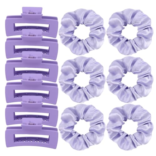 12Pcs Hair Clips & Satin Hair Scrunchies Set for Women, Purple | 6 Medium Matte Non-Slip Claw Clips for Thin Thick Curly Hair, 6 Soft Satin Scrunchies, Hair Accessories for Women Daily Wear - color: Purple Set