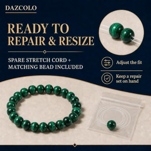 8mm Natural Crystal Stretch Bracelet | Handmade Round Stone Bead Bracelet, Runs Large, Meditation Yoga Gift for Women & Men - color: Malachite