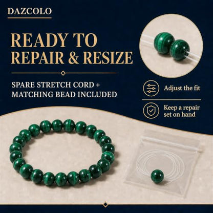 8mm Natural Crystal Stretch Bracelet | Handmade Round Stone Bead Bracelet, Runs Large, Meditation Yoga Gift for Women & Men - color: Malachite