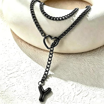 Black Heart Slip Chain Initial Necklaces for Women, Stainless Steel Wrap Choker Necklace, Gothic O-Ring Adjustable Lariat Y Necklaces, Punk Cuban Collar Choker Necklace, Halloween Jewelry Gift - color: Black Y