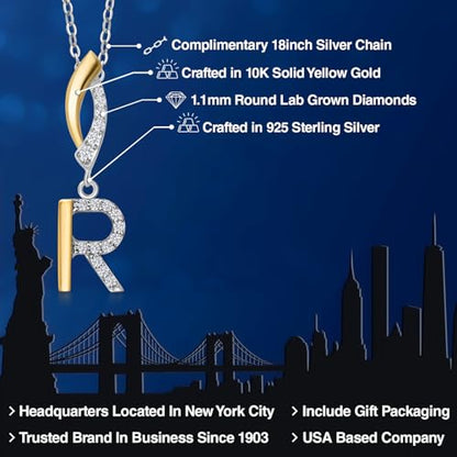 Gem Stone King Initial Pendant Necklace Letter A to Z Alphabet | 10K Yellow Gold and 925 Sterling Silver | White Lab Grown Diamond | Gift Women Mother's Day Wife Mom Girlfriend Anniversary Birthday | - style: Initial R