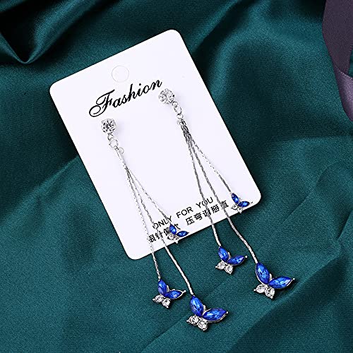 Temperament Crystal Butterfly Drop Dangle Earrings for Women Long Tassel Butterfly Stud Earrings - color: Bule