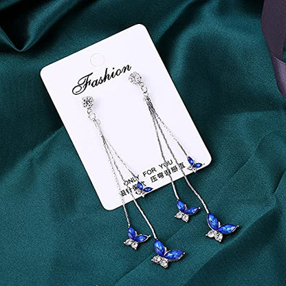 Temperament Crystal Butterfly Drop Dangle Earrings for Women Long Tassel Butterfly Stud Earrings - color: Bule