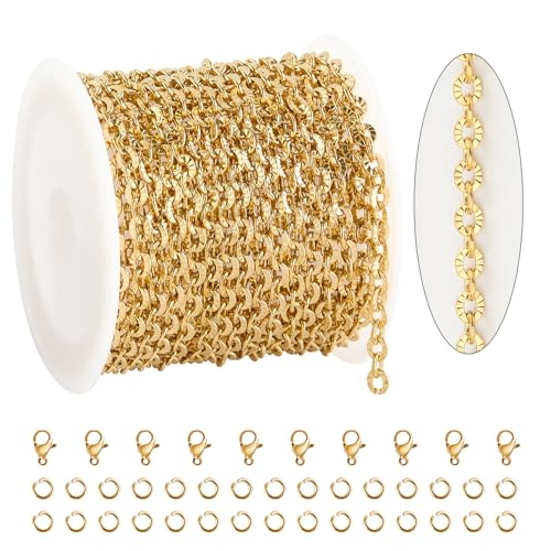 KYUNHOO 16.4 Feet Gold Plated Chain for Necklace Making with Jewelry Clasps | Embossed Circle Chains on Spool Stainless Steel Gold Chain with Lobster Clasps Jump Rings for DIY Bracelet Earring - color: Oval Gold