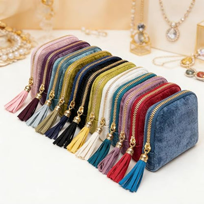 Women's Coin Purses Velvet Mini Travel Jewelry Case Bag with Tassel - color: A-Navy blue