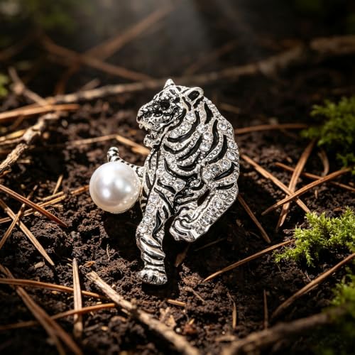 Luxury Crystal Tiger Brooch Pins for Women Men Vintage Gold-Tone Climbing Black Spots Leopard Brooch Fashion Panther Cougar Pin Suit Jackets Coat Animal Jewelry Gift - style: Silver Pearl