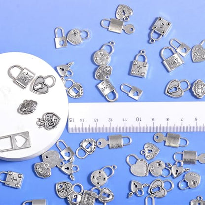 stino 100 Gram Metal Charms for Jewelry Making, Silver & Gold Plated, Bulk Pack for Bracelets, Necklaces, Crafts - color: Heart Lock Silver