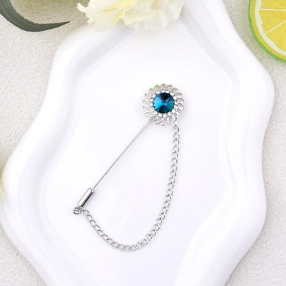 Mens Sunflower Lapel Pin Crystal Rhinestone Brooches for Men Hanging Chain Brooch Suit Pin Flower Lapel Pins for Men Wedding Business Party - color: Peacock Blue-J