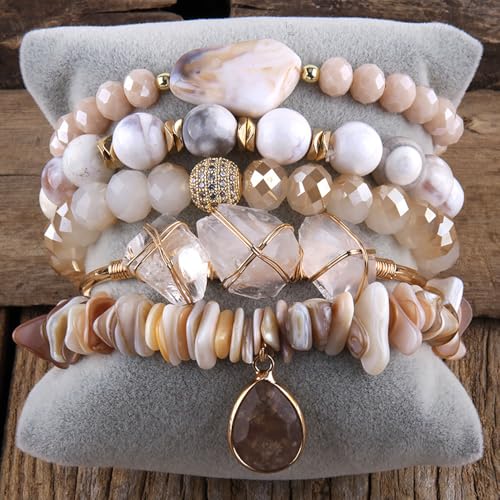 Yomisa 5PCS 6PCS Natural Boho Beaded Bracelets/Bangle for Women Men,Healing Turquoise Jasper Agate Crystal Gemstone Stone Chakra Multilayer Wrap Bohemian Handmade Jewelry Beads Stretch Bracelet Set - color: 5PCS-S Beige