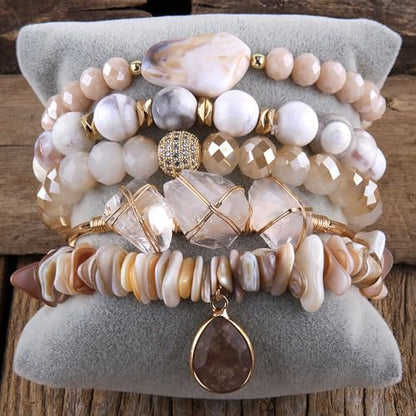 Yomisa 5PCS 6PCS Natural Boho Beaded Bracelets/Bangle for Women Men,Healing Turquoise Jasper Agate Crystal Gemstone Stone Chakra Multilayer Wrap Bohemian Handmade Jewelry Beads Stretch Bracelet Set - color: 5PCS-S Beige