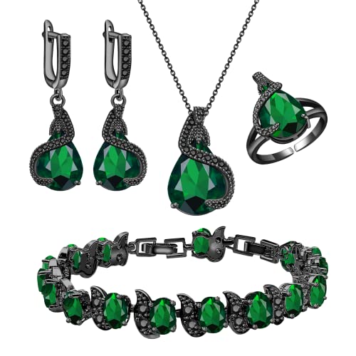 GZWHD Jewelry Set for Women Water Drop Cubic Zirconia Artificial Crystal Earrings Pendant Necklace Open Ring Tennis Bracelet Wedding Anniversary Birthday Engagement Gift for Bridesmaid Wife Girlfriend Friend - color: Black Gun-Green