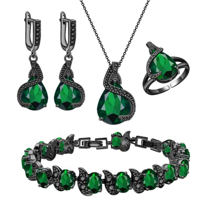 GZWHD Jewelry Set for Women Water Drop Cubic Zirconia Artificial Crystal Earrings Pendant Necklace Open Ring Tennis Bracelet Wedding Anniversary Birthday Engagement Gift for Bridesmaid Wife Girlfriend Friend - color: Black Gun-Green
