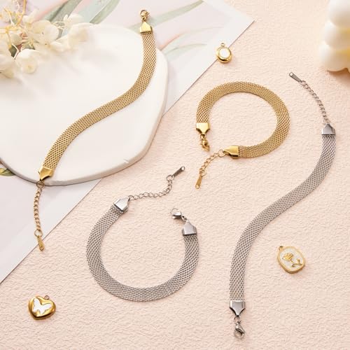 KYUNHOO 6.7 Inches Stainless Steel Charm Bracelet Chains Bulk with Extender | 10pcs Gold and Silver Bracelets Set 8MM Wide Chain Bracelet for Crafts Jewelry Making Supplies - color: mesh