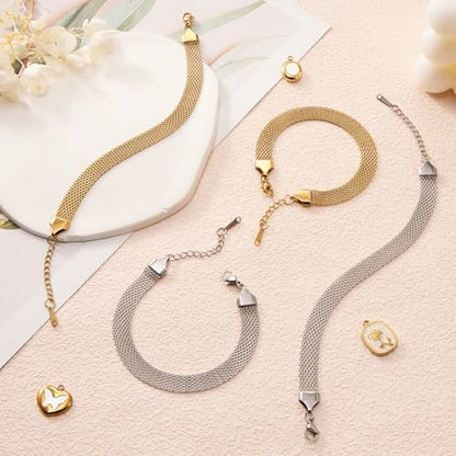 KYUNHOO 6.7 Inches Stainless Steel Charm Bracelet Chains Bulk with Extender | 10pcs Gold and Silver Bracelets Set 8MM Wide Chain Bracelet for Crafts Jewelry Making Supplies - color: mesh