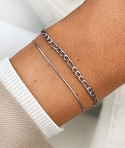 Honsny 6PCS Stainless Steel Bracelets for Women Men,14K Gold Plated Cuban Link Paperclip Chain Bracelet Dainty 6.3/7/7.8/9.5 Inch Stainless Steel Bracelet Set Fashion Jewelry - color: Silver, size: 6.3 Inches