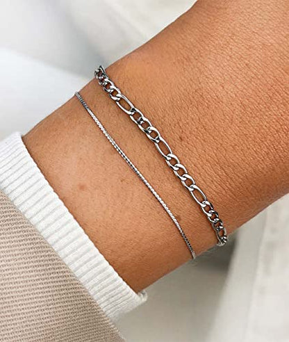 Honsny 6PCS Stainless Steel Bracelets for Women Men,14K Gold Plated Cuban Link Paperclip Chain Bracelet Dainty 6.3/7/7.8/9.5 Inch Stainless Steel Bracelet Set Fashion Jewelry - color: Silver, size: 7.8 Inches