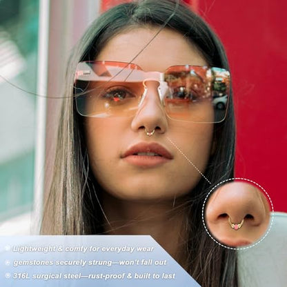 Thiswhyimbeauty 2PCS 18g Opal Nose Rings for Women Nose Hoops 8mm/10mm Hypoallergenic 316L Surgical Steel Nose Rings Piercing Jewelry Can Be Used as a Nose Ring, Septum Ring, and Cartilage Earring - color: A-Gold Pink opal