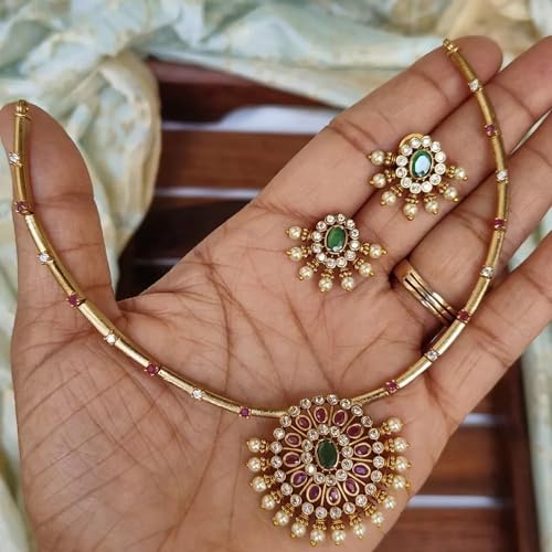Antique Gold Plated Temple Jewellery Necklace Set with Earrings for Women, Traditional Indian Bridal Necklace Set, South Indian Choker Haram Style Jewellery Set, Ethnic Wedding Party Wear Necklace Set for Women - color: AD-Neck-174