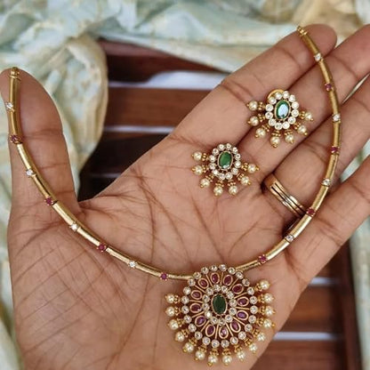 Antique Gold Plated Temple Jewellery Necklace Set with Earrings for Women, Traditional Indian Bridal Necklace Set, South Indian Choker Haram Style Jewellery Set, Ethnic Wedding Party Wear Necklace Set for Women - color: AD-Neck-174