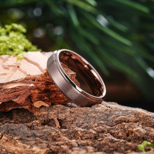 King Will Classic Tungsten Wedding Band for Men, 6/7/8/9/10mm Widths, Polished Finish Step Edge Matte Rings Comfort Fit - color: Brown-6mm