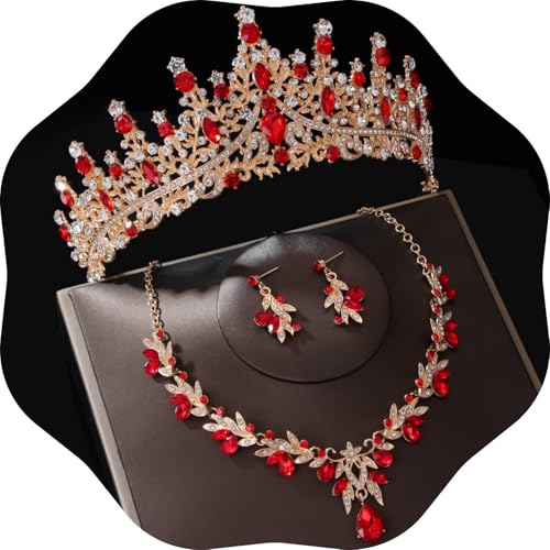 Kamirola Tiaras and Crowns for Women,Tiaras Earrings Necklace, Crystal Bridal Jewelry Set, Costume Jewelry for Women Party Halloween Prom Pageant - color: GOLD RED