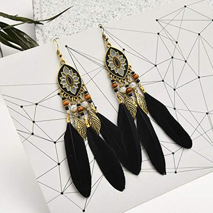 Dreuyet Boho Long Feather Drop Dangle Earrings for Women Retro Bohemian Ethnic Fringe Multicolor Tassel Feather Earring Handmade Statement Dream Catcher Earrings Jewelry - color: Black Oval