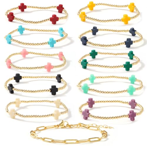 Colorful Stackable Rice Small Mini Seed Beaded Bracelets Set For Women, Handmade Dainty Boho Gold Glass Stretch Accessories Jewelry,Summer Beach Party Daily Friendship Gift - color: 11Pcs Cross