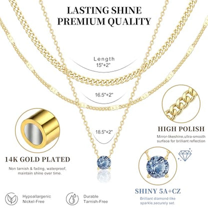 WomenGifts Layered Gold Necklaces for Women, 14K Gold Sterling Silver Plated Dainty Pendant Necklace Set Non Tarnish, Chunky Stackable Cuban Chain Choker, Trendy Birthstone Vacation Jewelry Gift - color: Gold, style: Cubic Zirconia-Created Topaz-Dec