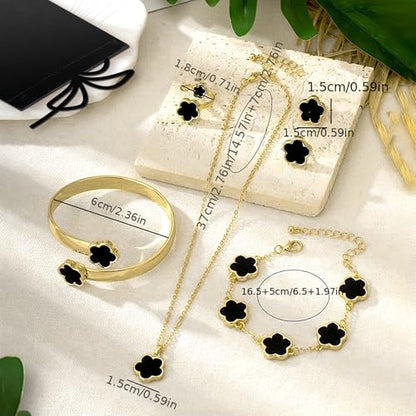 Lucky Flower Alloy Jewelry, Lucky Flower Design Necklace Earrings Bracelet Bangle Ring Jewelry Set, Clover Gold Plated Chain Wrap Ornament & Plush Pouch for Women - color: Black