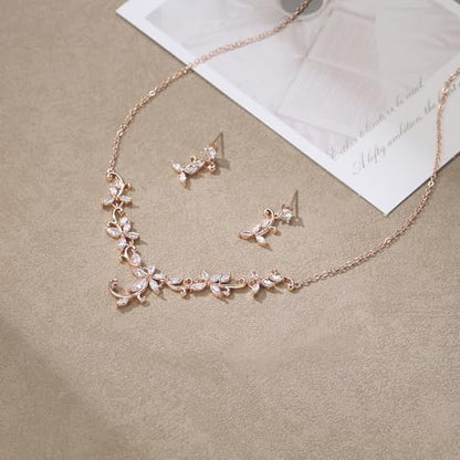 Crysdue Flower Leaf Wedding Jewelry Set for Bridal Bridemaid, Cubic Zirconia Teardrop Elegant Silver/14K/Rose Gold Plated Vine Necklace Dangle Earrings for Prom Party - style: A_Rose Gold Tone