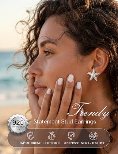 Chunky Gold Stud Earrings for Women Sterling Silver Earring Hypoallergenic | Non Tarnish 14K Gold Plated 925 Silver Posts for Sensitive Ears,Knot Statement Dangle Earrings Gold Jewelry Gifts Lightweight - color: silver plated-starfish