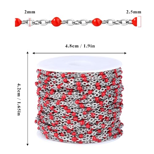33FT 2mm Stainless Steel Red Enamel Link Chain Bulk Roll for Jewelry Making | 304 Stainless Steel Enamel Beaded Cable Chains Roll Spool for Necklace Bracelet Craft - color: Stainless Steel Red Beads