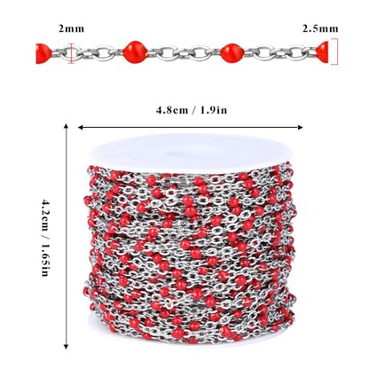 33FT 2mm Stainless Steel Red Enamel Link Chain Bulk Roll for Jewelry Making | 304 Stainless Steel Enamel Beaded Cable Chains Roll Spool for Necklace Bracelet Craft - color: Stainless Steel Red Beads